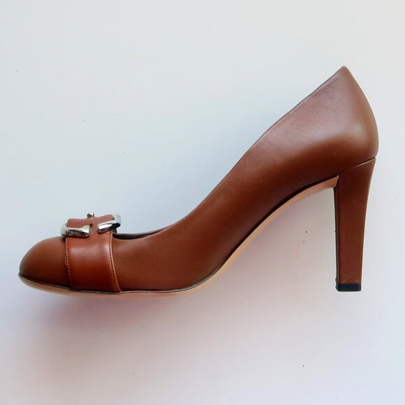 Gucci Brown Leather Block Heel Pumps Logo Buckle Designer Office Party Shoes 7.5 - Picture 10 of 16